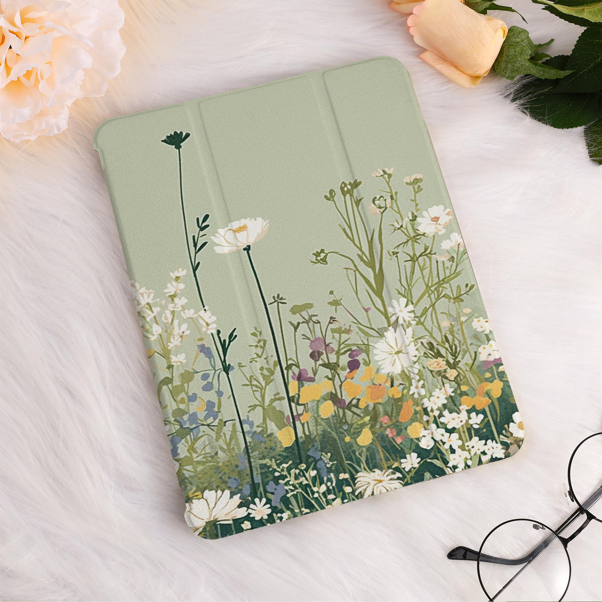 Green Wildflowers iPad Case Cover For iPad Air 4/5,iPad 10/9/8,iPad 9.7&quot; 10.2&quot; 10.9&quot; 11&quot; 12.9 inch,iPad Mini iPad 2022 2021 Pro Case