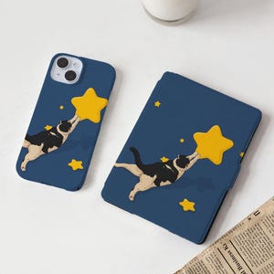 Schattige kat die de ster vangt Kindle-hoesje voor Kindle 11 Paperwhite 1/2/3, Kindle Paperwhite 6,8'' 7''Case, Kindle 10e 11e cover, Kindle Cover