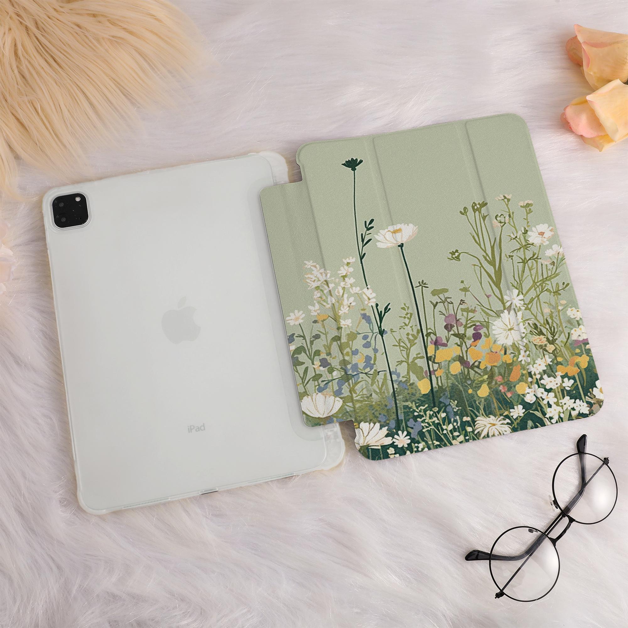 Green Wildflowers iPad Case Cover For iPad Air 4/5,iPad 10/9/8,iPad 9.7&quot; 10.2&quot; 10.9&quot; 11&quot; 12.9 inch,iPad Mini iPad 2022 2021 Pro Case