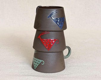 Anatolian Motif Handmade Stoneware Mug: Minimal Unique Glazed Ceramic Coffee and Espresso Cup