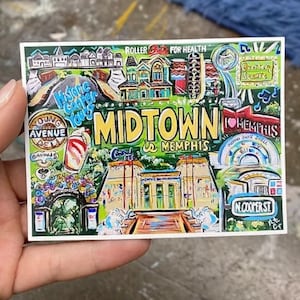 May include: A colorful postcard featuring a Midtown Memphis design. The postcard includes illustrations of local landmarks, the text "MIDTOWN MEMPHIS", and other text such as "Historic Cooper Young" and "N. Cooper St."