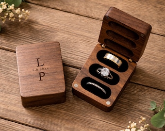 Personalized Minimalist Ring Box | 3 Slot Wedding Ring Box | Custom Initials Date Engraved | Modern Triple Ring Holder Keepsake (L24)