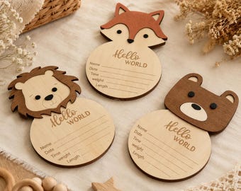 Wooden Baby Milestone Plaque | Forest Animal Birth Announcement Sign | Nursery Decor Keepsake Gift (L134)