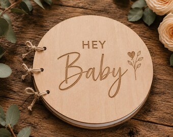 Baby Memory Book | Round Wooden Photo Album | Baby Shower Scrapbook Keepsake | Botanical Nursery Decor (L129)