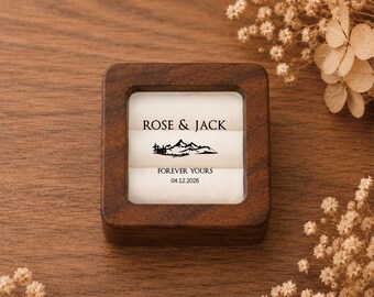 Personalized Wooden Ring Box | Mountain Design, Clear Window, Proposal Keepsake