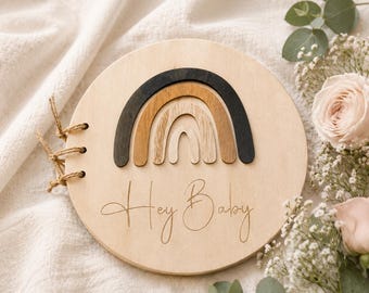 Baby Memory Book Rainbow | Round Wooden Photo Album | Baby Shower Scrapbook Keepsake | Boho Nursery Decor (L128)