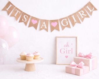 It’s a Girl Banner | Baby Shower Burlap Banner | Pink Heart Garland | Rustic Gender Reveal Decor (L5)
