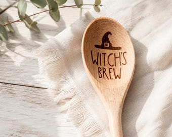 Witch Engraved Wooden Spoon | Halloween Kitchen Decor | Cooking Gift Rustic Baking Utensil | Spooky Housewarming Present (L144)