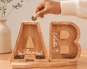 Personalized Wooden Piggy Bank | Alphabet Money Box | Clear Savings Jar For Kids | Nursery Room Decor Gift (L153)