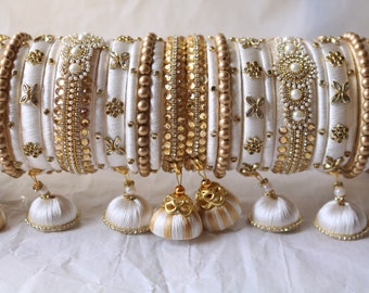 Off White With Golden Color Silk Thread Handmade Bangles Jewelry Latken , Jhumka Bangles Indian Bangles