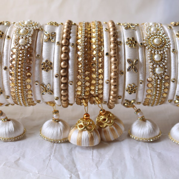 Off White With Golden Color Silk Thread Handmade Bangles Jewelry Latken , Jhumka Bangles Indian Bangles