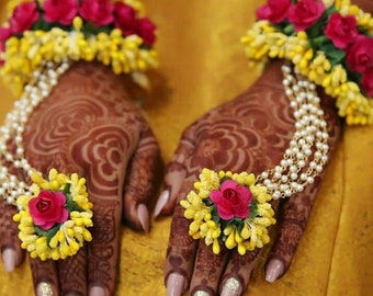 Handmade Rani Pink & Yellow Floral Jewelry Set: Haldi Mehendi Wedding