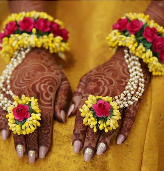 Rani Pink and Yellow Floral Jewellry for Bridal Haldi Mehendi