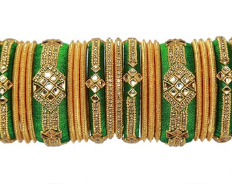 Green And Golden Color Silk Thread Bangles Handmade Jewelry Haldi , Sangeet , Wedding Jewel