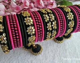 Black & Rani Pink Silk Thread Bangles: Ethnic Bridal Jewelry