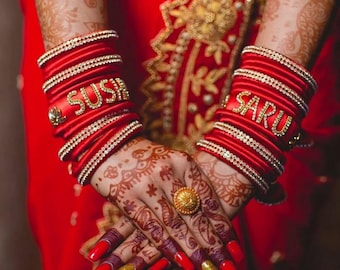 Personalized Red Silk Thread Bangles: Bridal Wedding Jewelry with Mirror Hangings