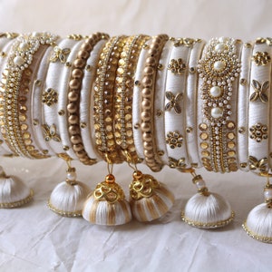 Braccialetti da sposa indiani fatti a mano: gioielli in filo di seta bianco e dorato