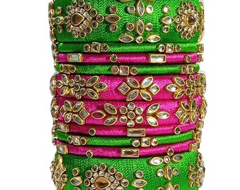 Pink & Green Silk Thread Bangles: Kundan Meena Bridal Jewelry