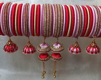 Red & Rose Gold Silk Thread Bangles: Indian Bridal Jewelry (38 Pcs)