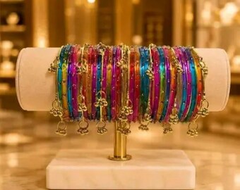 Kashmiri Glass Bangles | Heavy Kundan Meena Work, 32 Piece Set