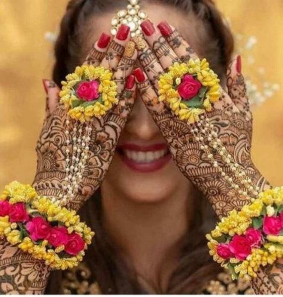 Rani Pink and Yellow Floral Jewellry for Bridal Haldi Mehendi