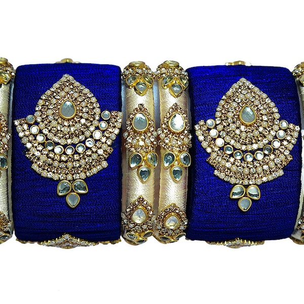 Off Blanc et bleu Couleur Soie Fils de soie bracelets 45 MM Milieu Grand Bracelet Kundan Travail Fait à la main Bijoux Simple Party Wear Bangles Couleur