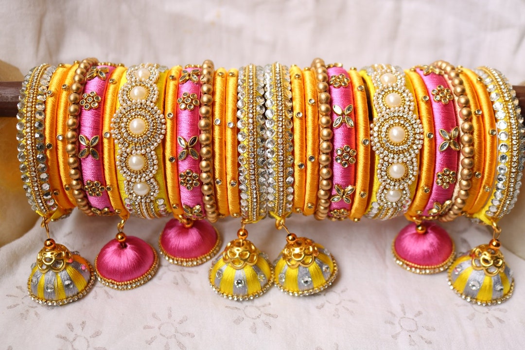 Yellow & Pink Silk Thread Bangles: Customized Women's Jewelry - Etsy