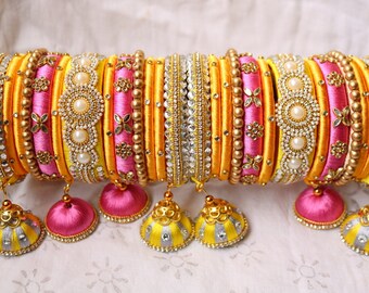 Yellow & Pink Silk Thread Bangles: Customized Women's Jewelry