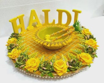 Handmade Haldi Thali: Indian Wedding Sangeet Platter, Custom Color vibrant Yellow Color