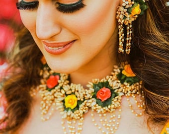 Floral Jewelry : Golden Color Gota Patti Flower Jewelry - Haldi, Wedding