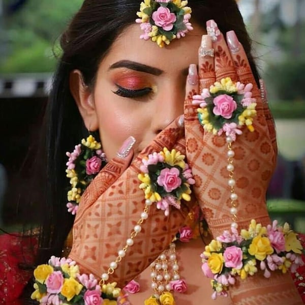 Pink And Yellow Flower jewelry Haldi , Sangeet , Mayun Floral Artificial Jewelry Tikka, Earrings, Necklace, Ring With Bracelet