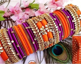 Handmade Kundan Bangles: Purple & Orange Silk Thread Indian Jewelry