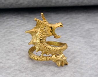 Gold Brass Dragon Ring: Adjustable Statement Ring