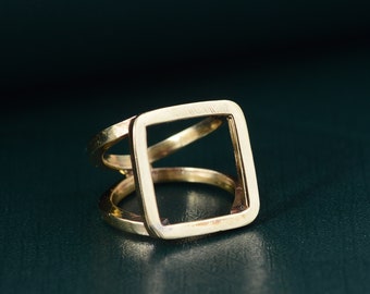 Gold Brass Square Ring: Adjustable Geometric Statement Ring