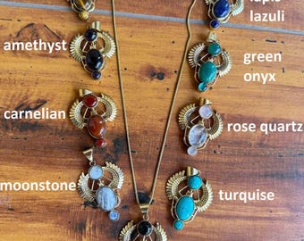 Brass Scarab Gemstone Necklace, Third Eye Talisman, Boho Ethnic Jewelry