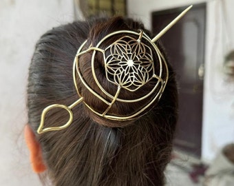 Brass Bun Cage with Hair Fork: Gold Circle Hair Clip