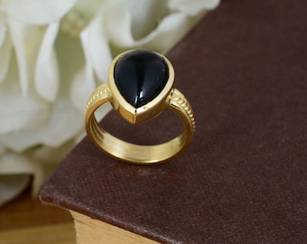 Handmade Black Onyx Pear Drop Ring: Gold Plated Brass