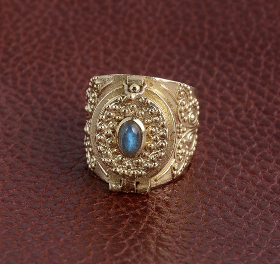 Labradorite Brass Poison Ring, Statement Jewelry