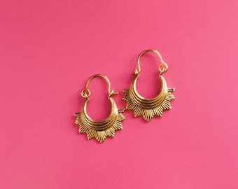 Handmade Brass Sunburst Hoop Earrings: Ethnic Celestial Huggies
