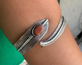 Brass Feather Cuff Bracelet: Adjustable Silver Tone Jewelry
