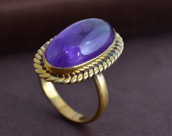 Handmade Huge Natural Amethyst Ring: Brass Bohemian Statement Ring