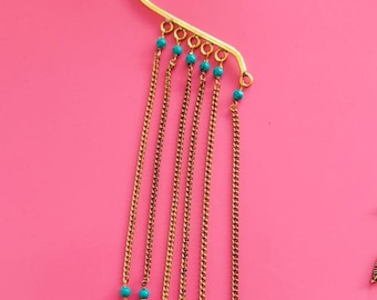Brass Feather Chain Earcuff: Turquoise Dangle Non-Pierced Earring