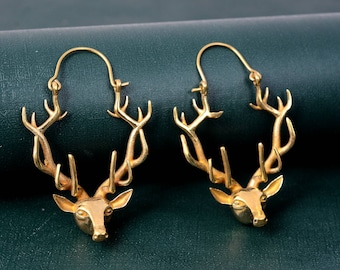 Brass Antelope Earrings: Deer Skull Hoop, Gothic Jewelry