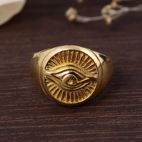 Eye Signet Ring, Evil Eye Ring, Gold, Handmade, All Seeing Eye Ring, Eye of Providence Amulet Ancient Symbol, Men Signet Ring, Gift For Her