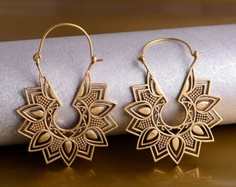 Lotus Earrings - Gold Hoops - Statement Earrings - Boho Hoops - Flower Earrings - Medium Hoops - Bohemian Mandala Hoops