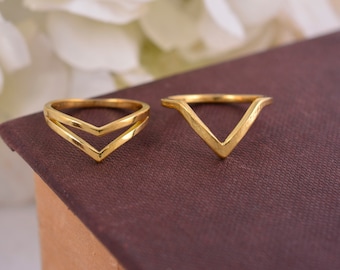 Gold Double Chevron Ring • Gold Curved Ring • V Shaped Wedding Band For Women • Stacking Wishbone Ring • Christmas Jewelry Gift