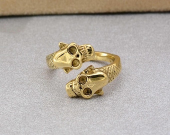 Brass Double Skull Ring: Adjustable Gothic Design