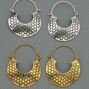 Gold brass Flower Of Life hoop earrings, Seed of Life jewelry, Geometry ring, Geometry jewelry, Yoga Jewelry