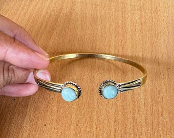 Larimar Brass Cuff Bracelet, Oval Double Stone, Wedding Jewelry