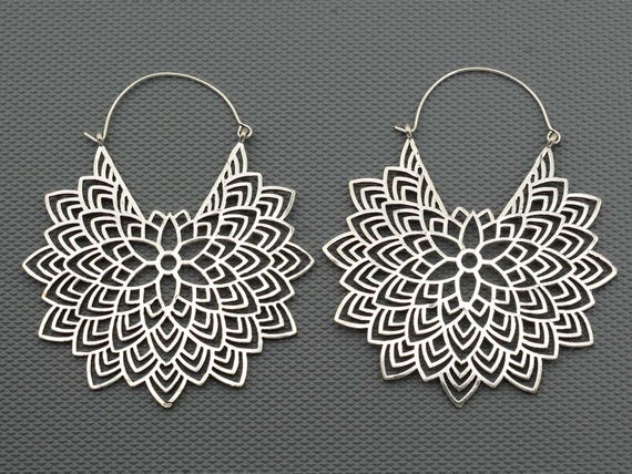 FLORA' Detailed silver brass mandala hoop earrings oversized brass jewelry